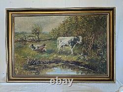Vtg Antique Sigrid Beck Knudsen Oil Painting on Canvas of Cows Calves Landscape