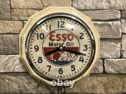 Vtg Ingraham Esso Oil Old Gas Station Advertising Display Wall Clock Sign Mobil
