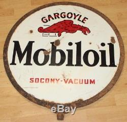 Vtg Mobiloil GARGOYLE Mobil Oil Gas Porcelain Double Sided Sign Lollipop Socony