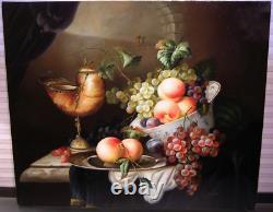 Vtg Still Life Oil Painting Canvas Fruit Old Master Style Signed