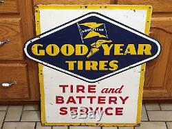 WOW ORIGINAL 1954 GOODYEAR TIRE & BATTERY SERVICE Sign EMBOSSED Gas Oil Vintage