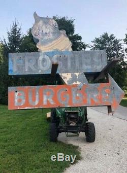 WOW! Vintage ORIGINAL Neon FROSTIES BURGERS Ice Cream OLD SIGN 2 Sided Gas Oil