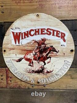 Winchester Vintage Porcelain Sign Gas & Oil Firearms Ammunition Western Shooting