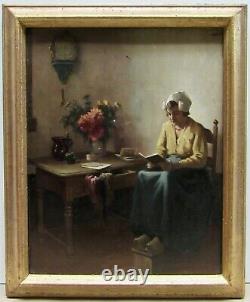Young Dutch Girl Reading a Book Interior Scene Evert Jan Ligtelijn Oil on Panel